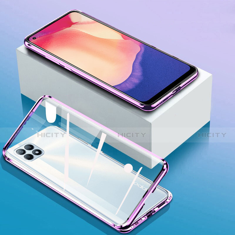 Funda Bumper Lujo Marco de Aluminio Espejo 360 Grados Carcasa para Oppo Reno4 SE 5G Purpura Claro