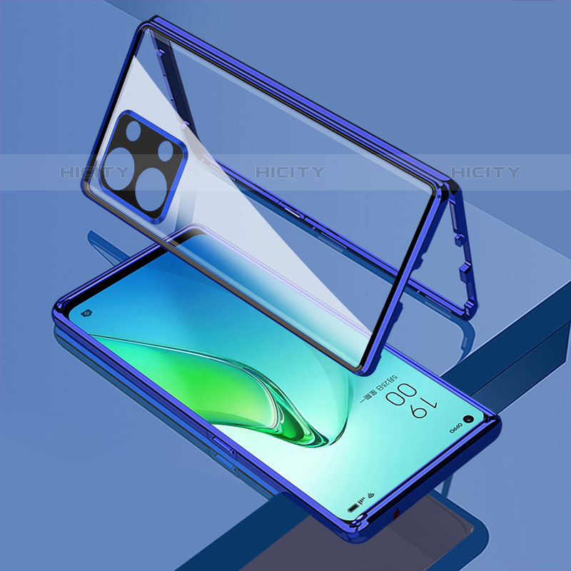 Funda Bumper Lujo Marco de Aluminio Espejo 360 Grados Carcasa para Oppo Reno8 Pro+ Plus 5G Azul