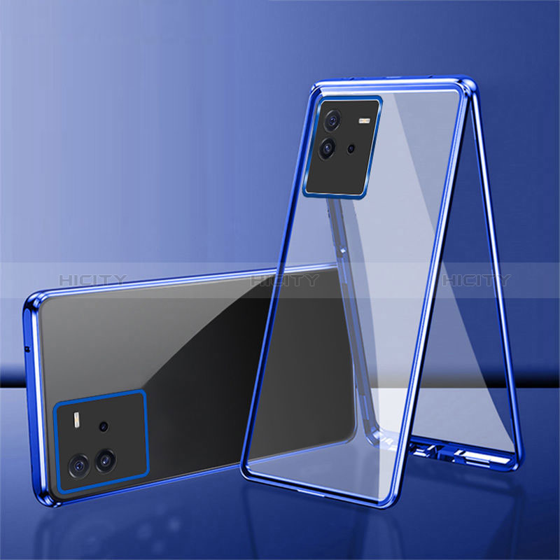 Funda Bumper Lujo Marco de Aluminio Espejo 360 Grados Carcasa para Vivo iQOO Neo6 SE 5G Azul