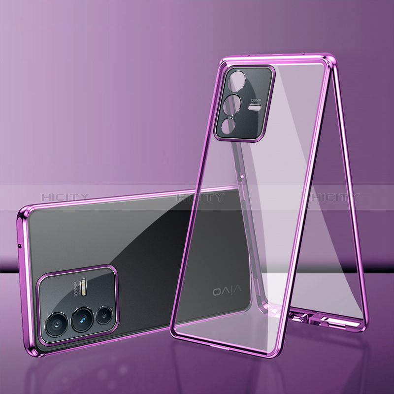 Funda Bumper Lujo Marco de Aluminio Espejo 360 Grados Carcasa para Vivo V23 5G Morado