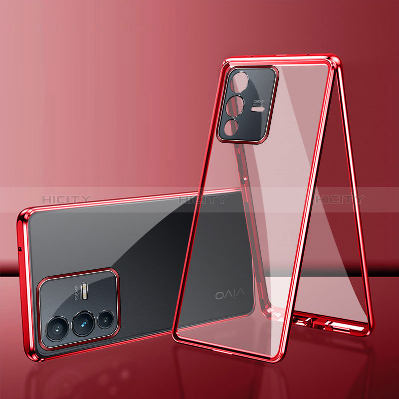 Funda Bumper Lujo Marco de Aluminio Espejo 360 Grados Carcasa para Vivo V23 5G Rojo