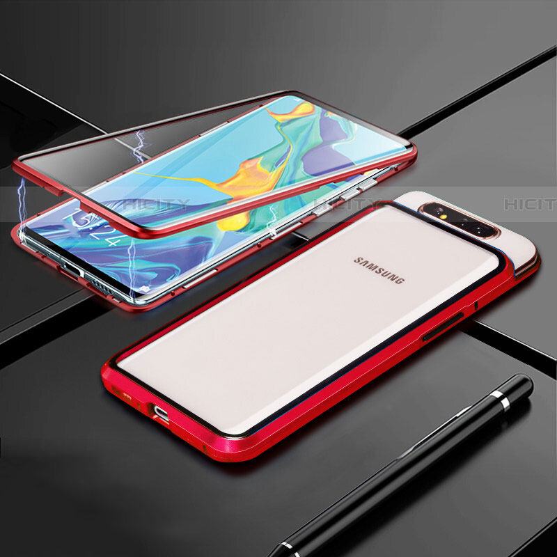 Funda Bumper Lujo Marco de Aluminio Espejo 360 Grados Carcasa T01 para Samsung Galaxy A90 4G Rojo
