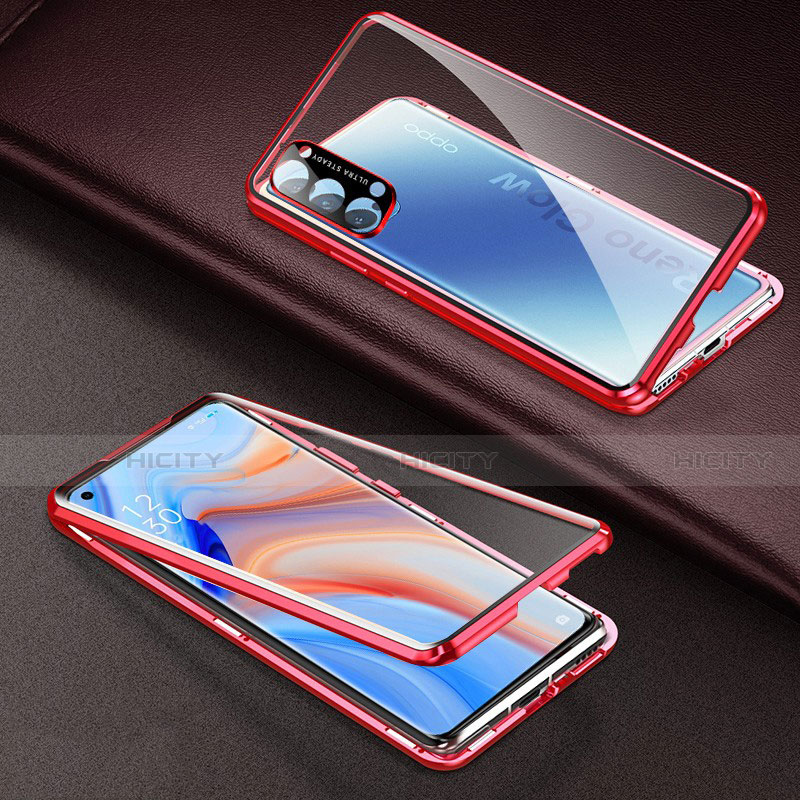 Funda Bumper Lujo Marco de Aluminio Espejo 360 Grados Carcasa T03 para Oppo Reno4 5G Rojo