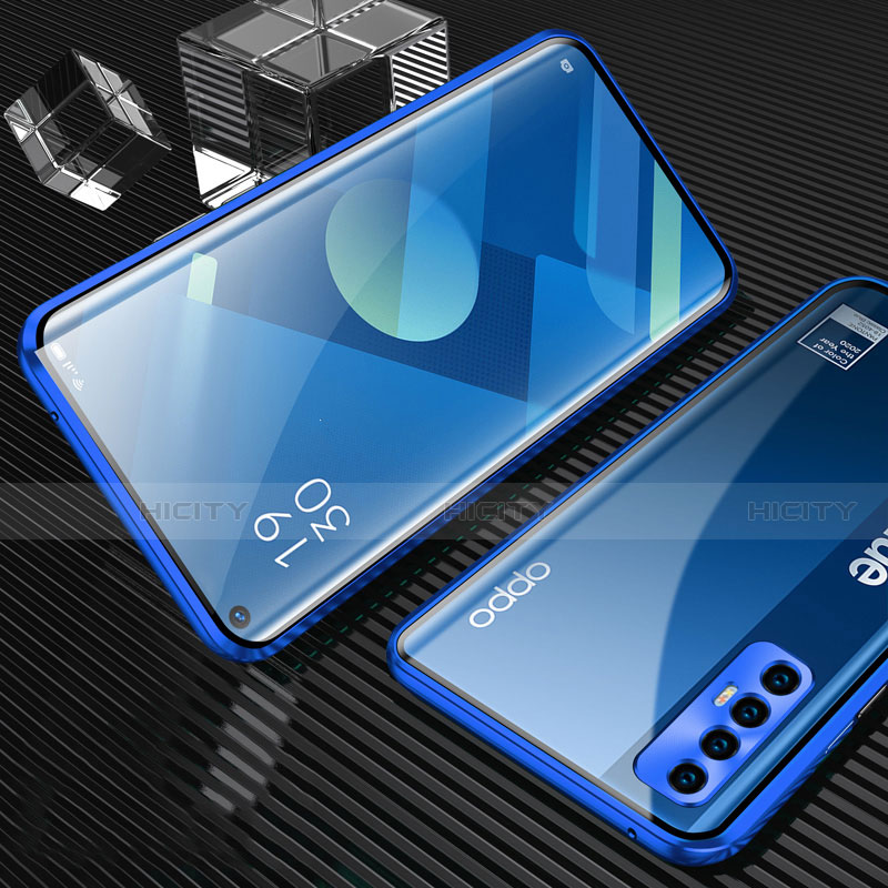 Funda Bumper Lujo Marco de Aluminio Espejo 360 Grados Carcasa T04 para Oppo Find X2 Neo Azul