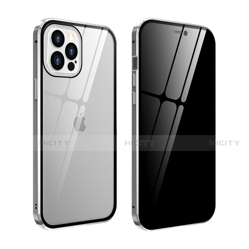 Funda Bumper Lujo Marco de Aluminio Espejo 360 Grados Carcasa T05 para Apple iPhone 12 Pro Plata