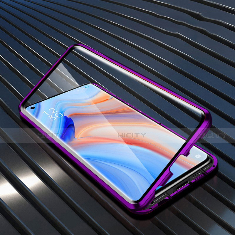 Funda Bumper Lujo Marco de Aluminio Espejo 360 Grados Carcasa T05 para Oppo Reno4 5G Morado