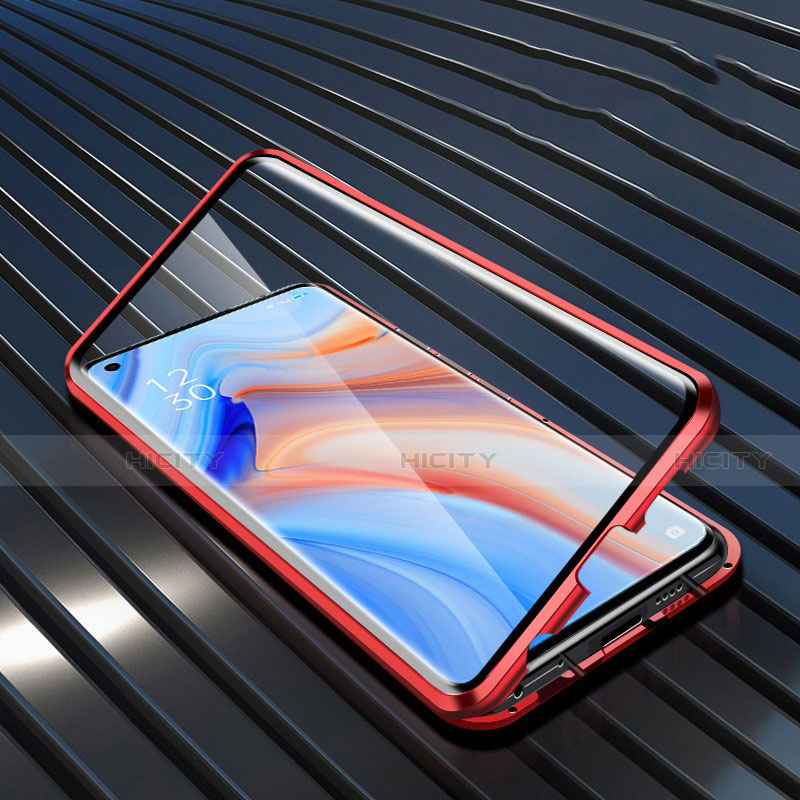 Funda Bumper Lujo Marco de Aluminio Espejo 360 Grados Carcasa T05 para Oppo Reno4 5G Rojo