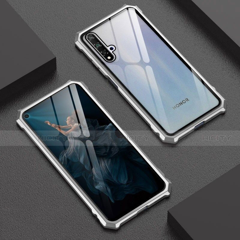 Funda Bumper Lujo Marco de Aluminio Espejo 360 Grados Carcasa T06 para Huawei Honor 20 Plata