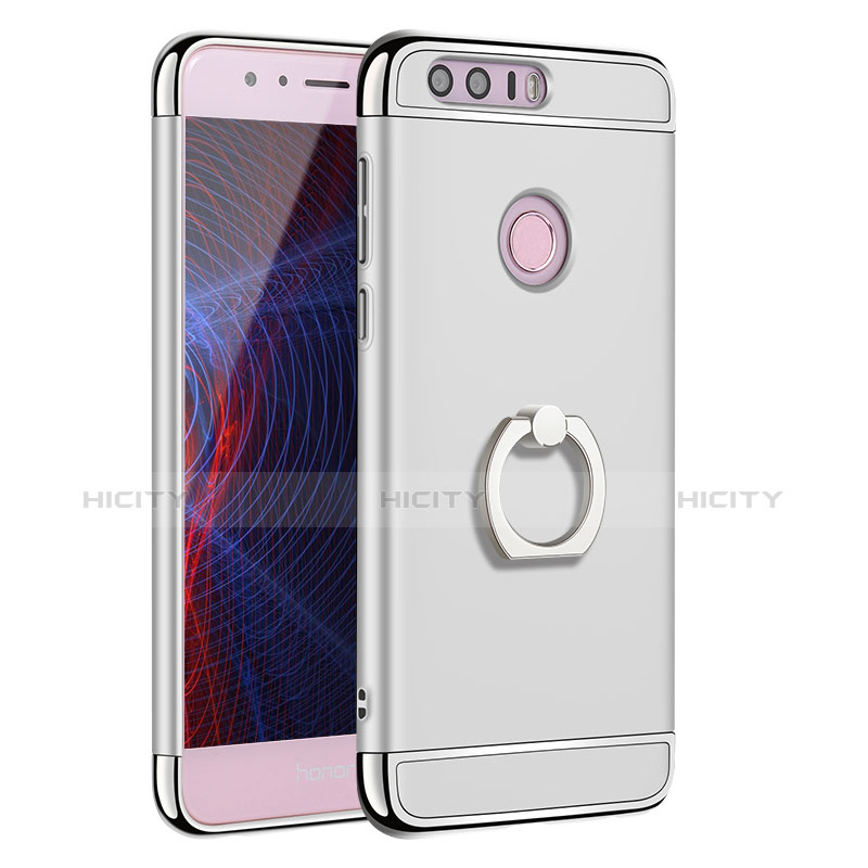 Funda Bumper Lujo Marco de Metal y Plastico Carcasa con Anillo de dedo Soporte A01 para Huawei Honor 8 Plata