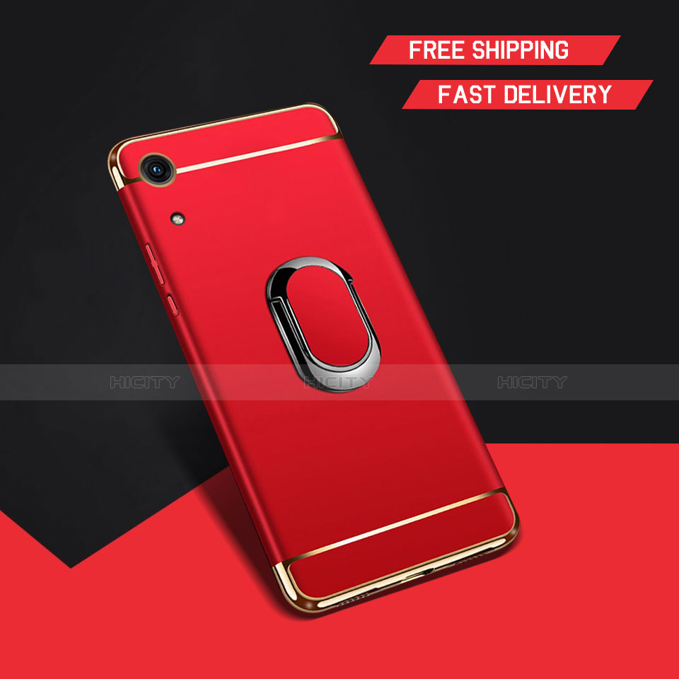 Funda Bumper Lujo Marco de Metal y Plastico Carcasa con Anillo de dedo Soporte A01 para Huawei Honor 8A Rojo