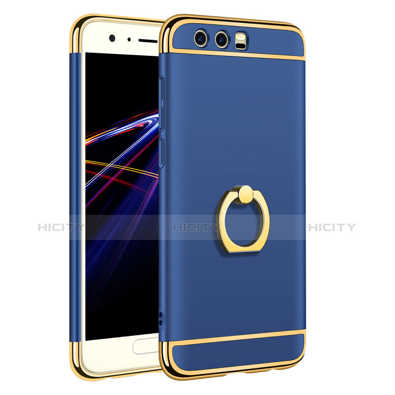 Funda Bumper Lujo Marco de Metal y Plastico Carcasa con Anillo de dedo Soporte A01 para Huawei Honor 9 Azul