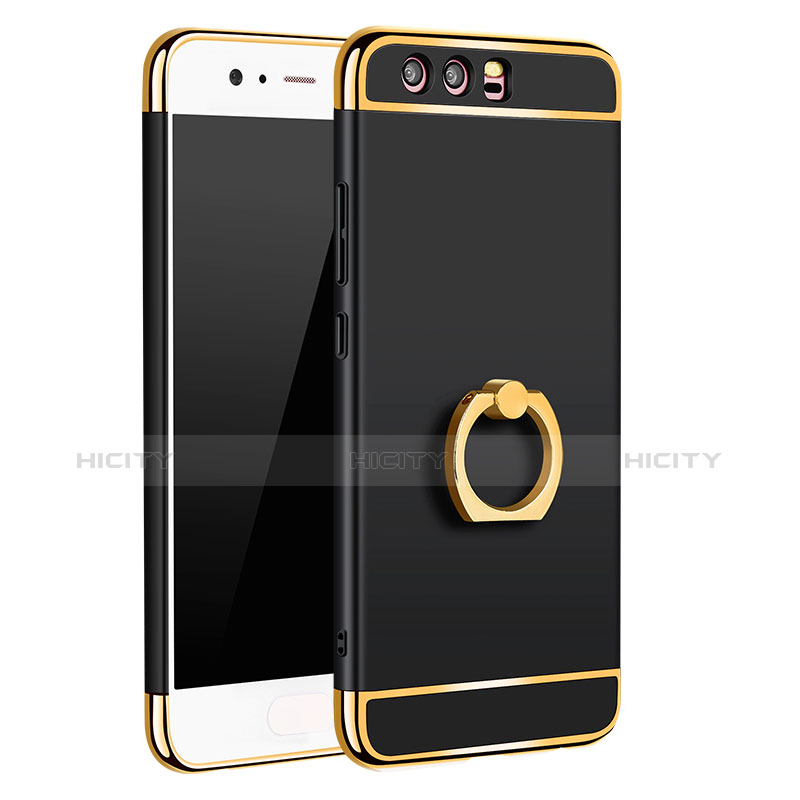 Funda Bumper Lujo Marco de Metal y Plastico Carcasa con Anillo de dedo Soporte A01 para Huawei P10 Plus Negro