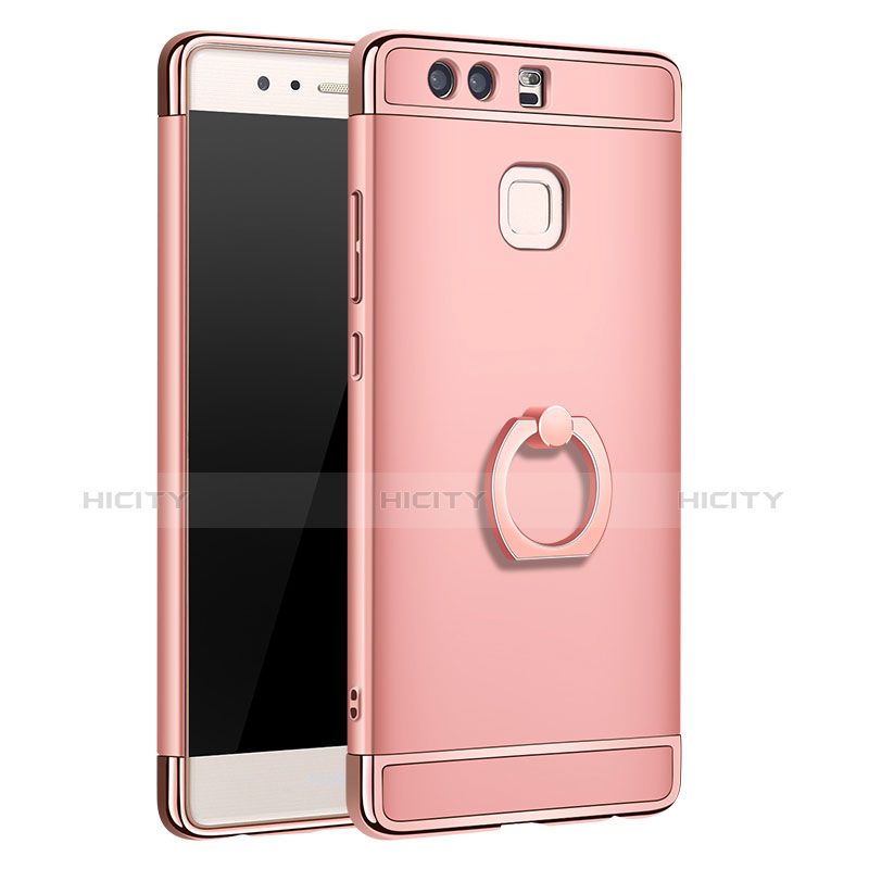 Funda Bumper Lujo Marco de Metal y Plastico Carcasa con Anillo de dedo Soporte A01 para Huawei P9 Oro Rosa