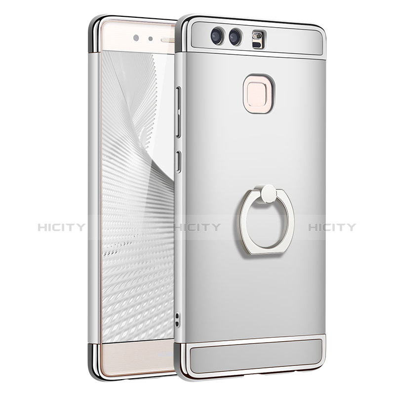 Funda Bumper Lujo Marco de Metal y Plastico Carcasa con Anillo de dedo Soporte A01 para Huawei P9 Plata