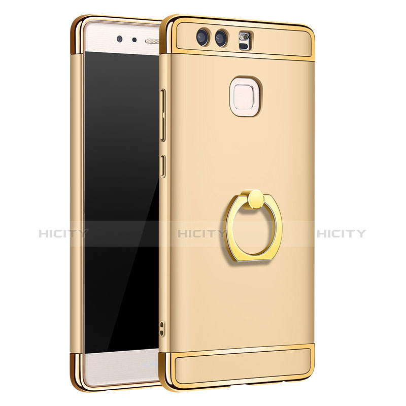 Funda Bumper Lujo Marco de Metal y Plastico Carcasa con Anillo de dedo Soporte A01 para Huawei P9 Plus Oro