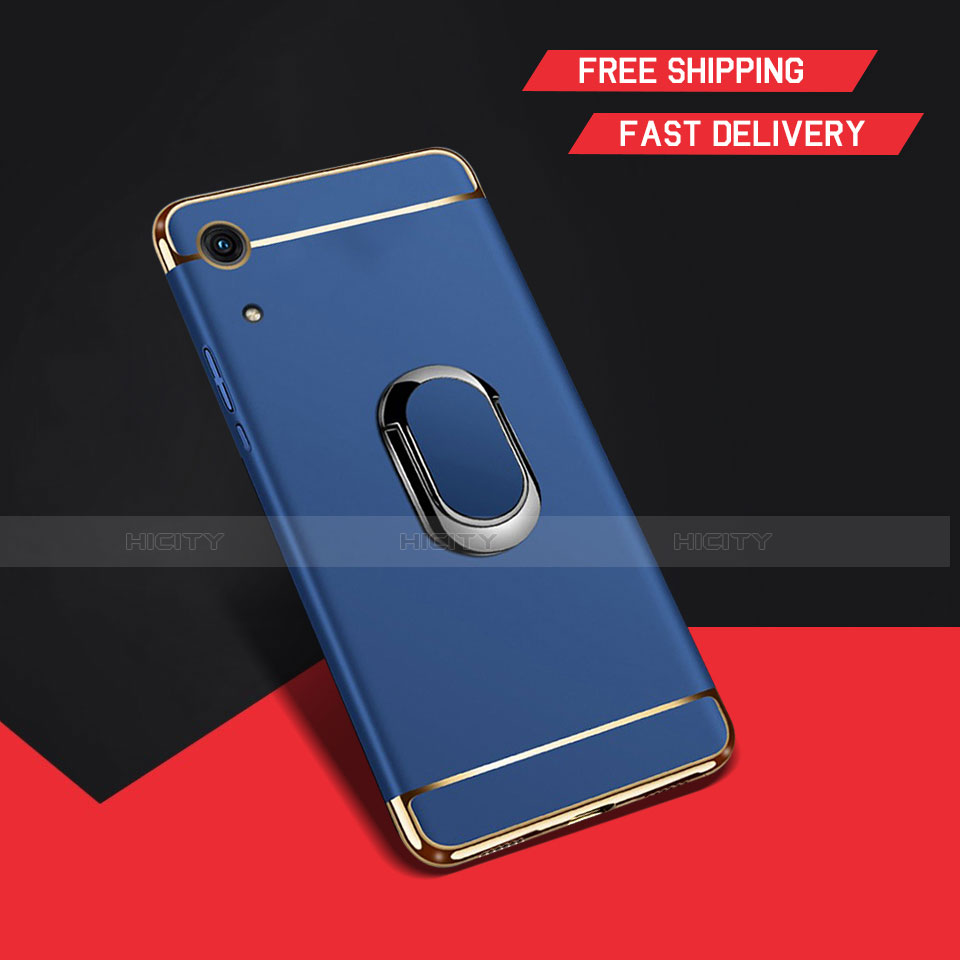 Funda Bumper Lujo Marco de Metal y Plastico Carcasa con Anillo de dedo Soporte A01 para Huawei Y6 (2019) Azul