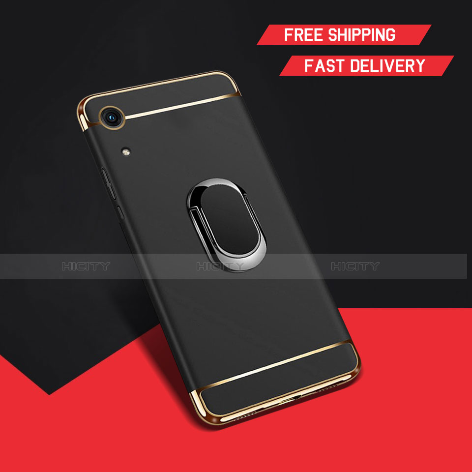 Funda Bumper Lujo Marco de Metal y Plastico Carcasa con Anillo de dedo Soporte A01 para Huawei Y6 Pro (2019) Negro