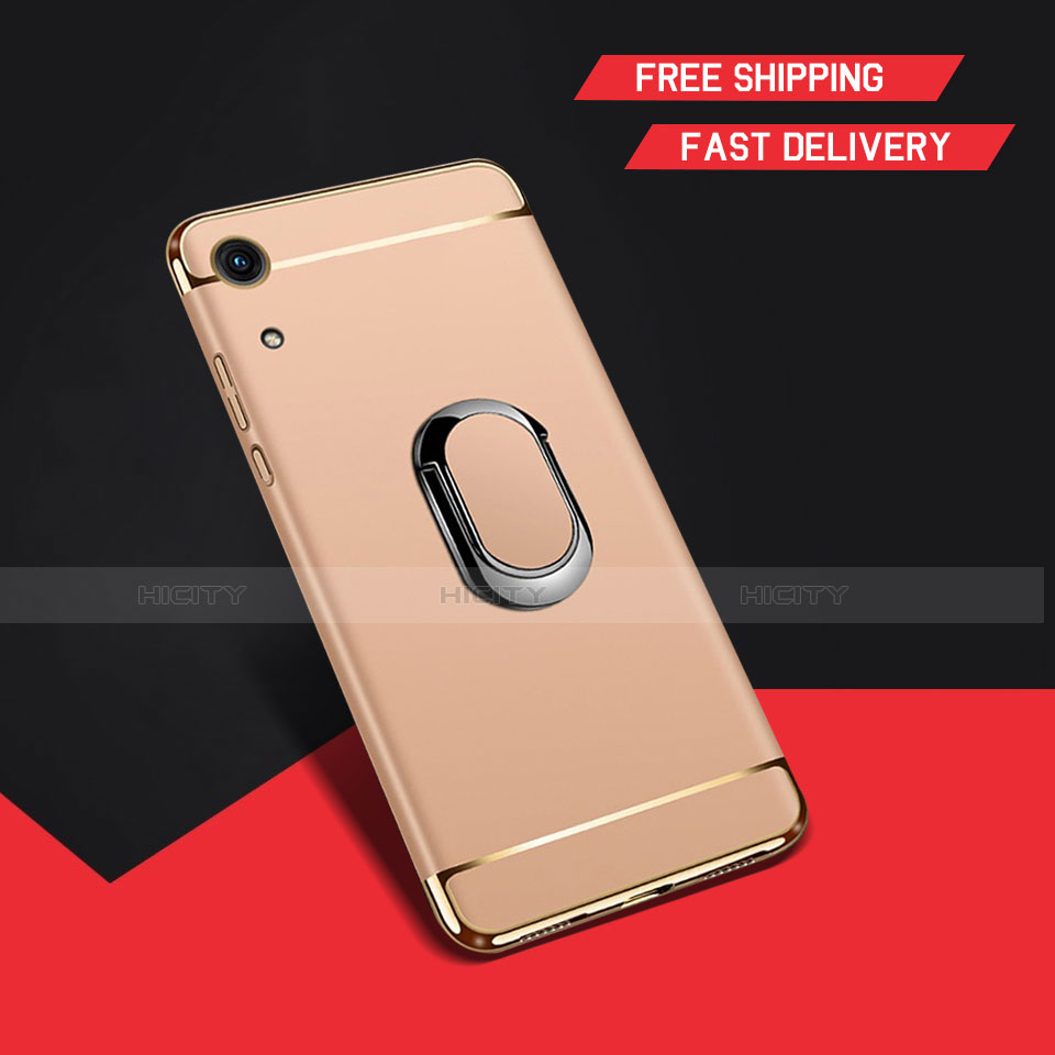 Funda Bumper Lujo Marco de Metal y Plastico Carcasa con Anillo de dedo Soporte A01 para Huawei Y6 Pro (2019) Oro