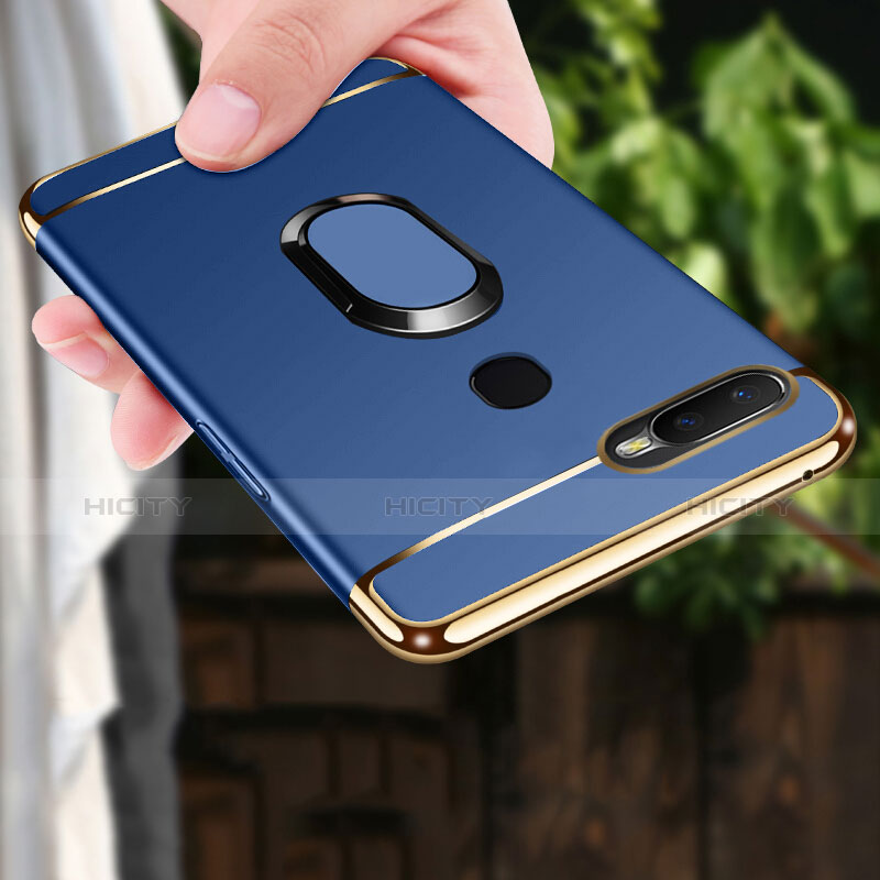 Funda Bumper Lujo Marco de Metal y Plastico Carcasa con Anillo de dedo Soporte A01 para Oppo A7 Azul