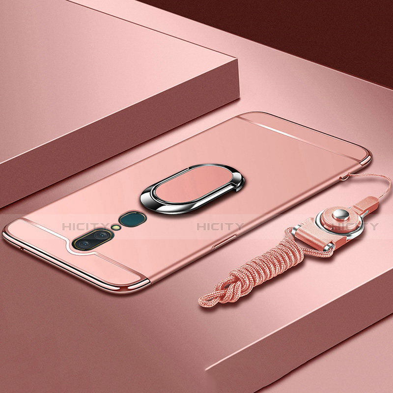 Funda Bumper Lujo Marco de Metal y Plastico Carcasa con Anillo de dedo Soporte A01 para Oppo A9 Oro Rosa