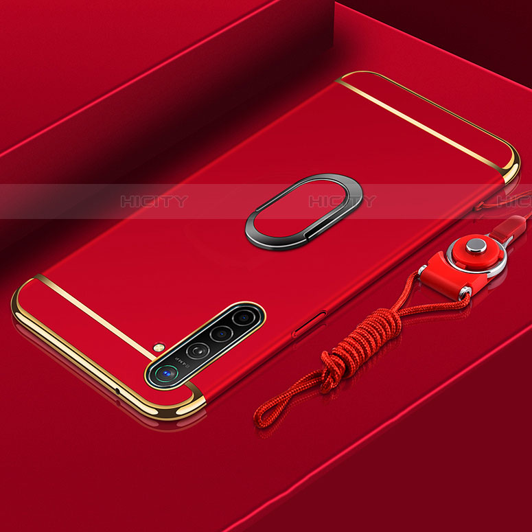 Funda Bumper Lujo Marco de Metal y Plastico Carcasa con Anillo de dedo Soporte A01 para Realme XT Rojo