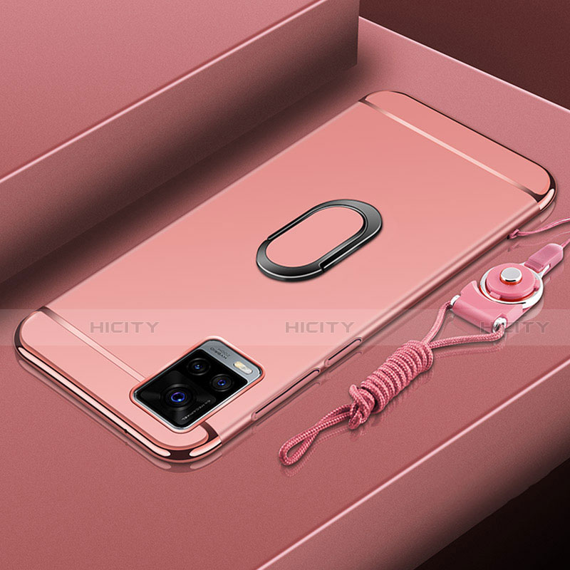 Funda Bumper Lujo Marco de Metal y Plastico Carcasa con Anillo de dedo Soporte A01 para Vivo V20 Pro 5G Oro Rosa