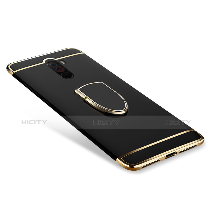 Funda Bumper Lujo Marco de Metal y Plastico Carcasa con Anillo de dedo Soporte A01 para Xiaomi Pocophone F1 Negro