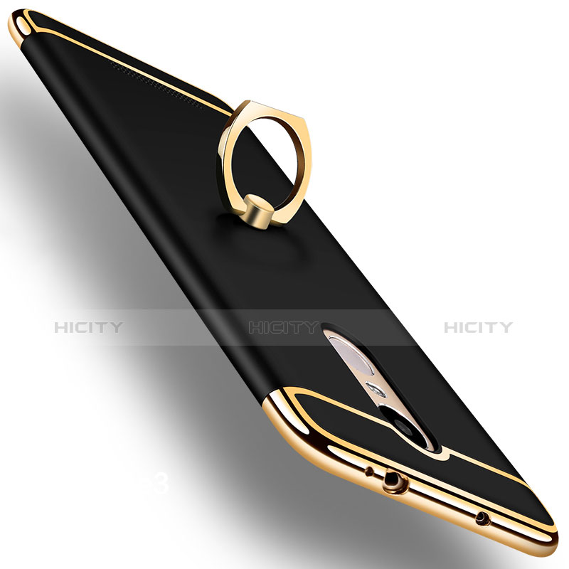 Funda Bumper Lujo Marco de Metal y Plastico Carcasa con Anillo de dedo Soporte A01 para Xiaomi Redmi Note 3 MediaTek Negro