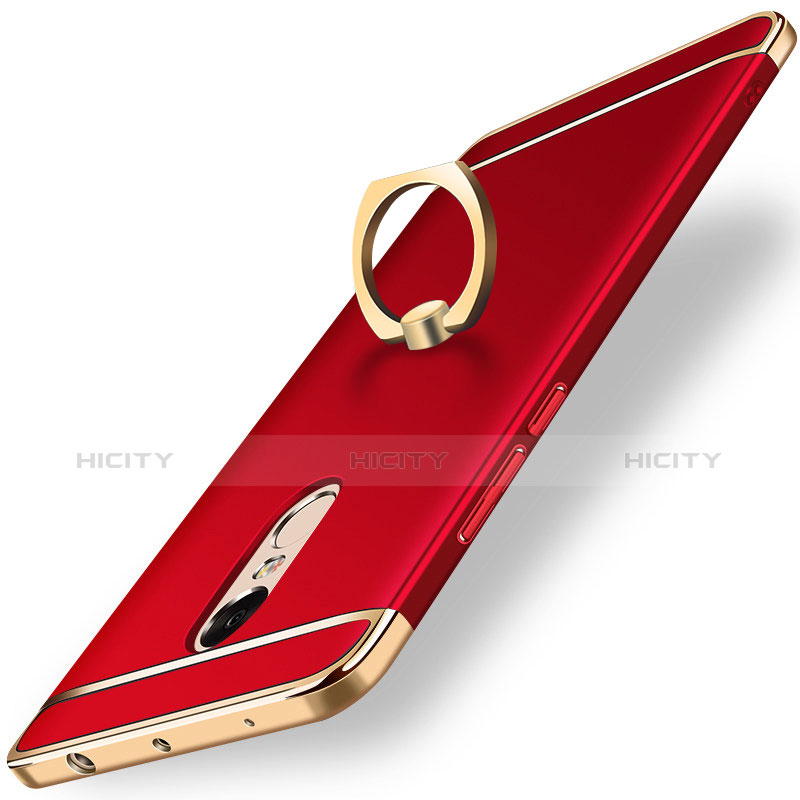 Funda Bumper Lujo Marco de Metal y Plastico Carcasa con Anillo de dedo Soporte A01 para Xiaomi Redmi Note 4 Rojo