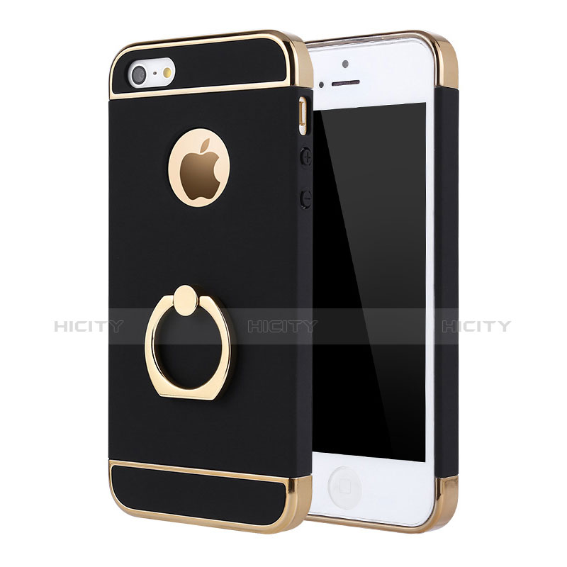 Funda Bumper Lujo Marco de Metal y Plastico Carcasa con Anillo de dedo Soporte A02 para Apple iPhone 5 Negro