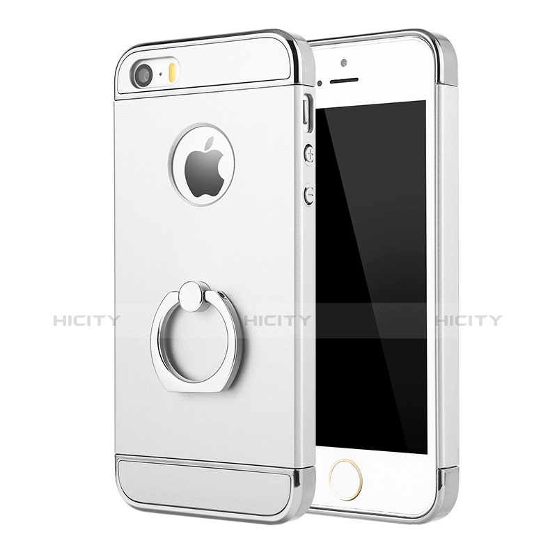 Funda Bumper Lujo Marco de Metal y Plastico Carcasa con Anillo de dedo Soporte A02 para Apple iPhone 5 Plata