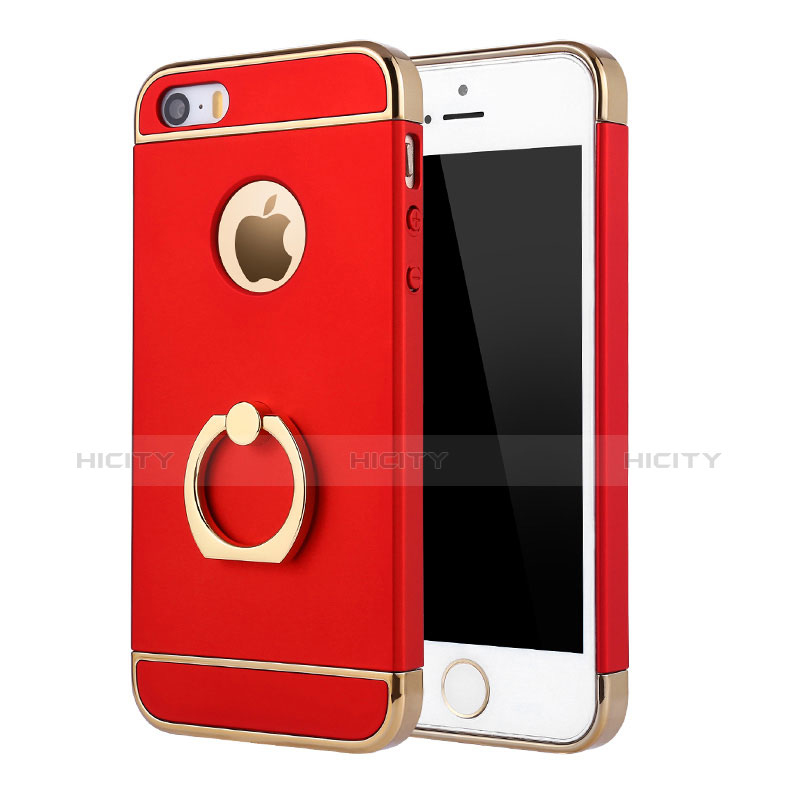 Funda Bumper Lujo Marco de Metal y Plastico Carcasa con Anillo de dedo Soporte A02 para Apple iPhone 5 Rojo