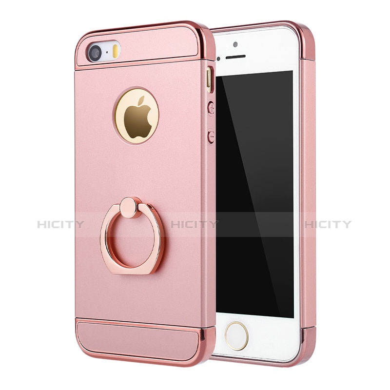 Funda Bumper Lujo Marco de Metal y Plastico Carcasa con Anillo de dedo Soporte A02 para Apple iPhone 5 Rosa