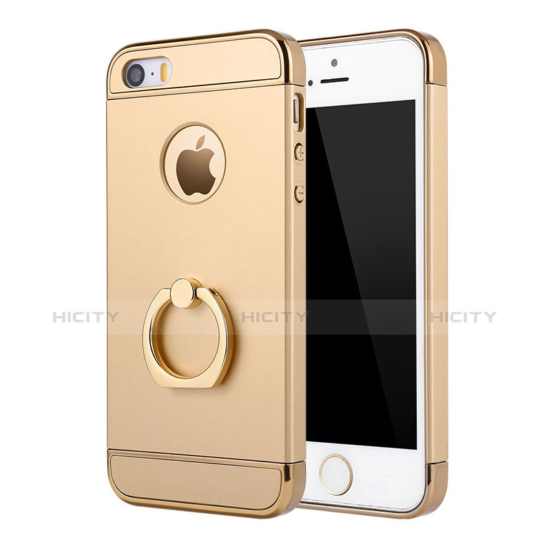 Funda Bumper Lujo Marco de Metal y Plastico Carcasa con Anillo de dedo Soporte A02 para Apple iPhone 5S Oro