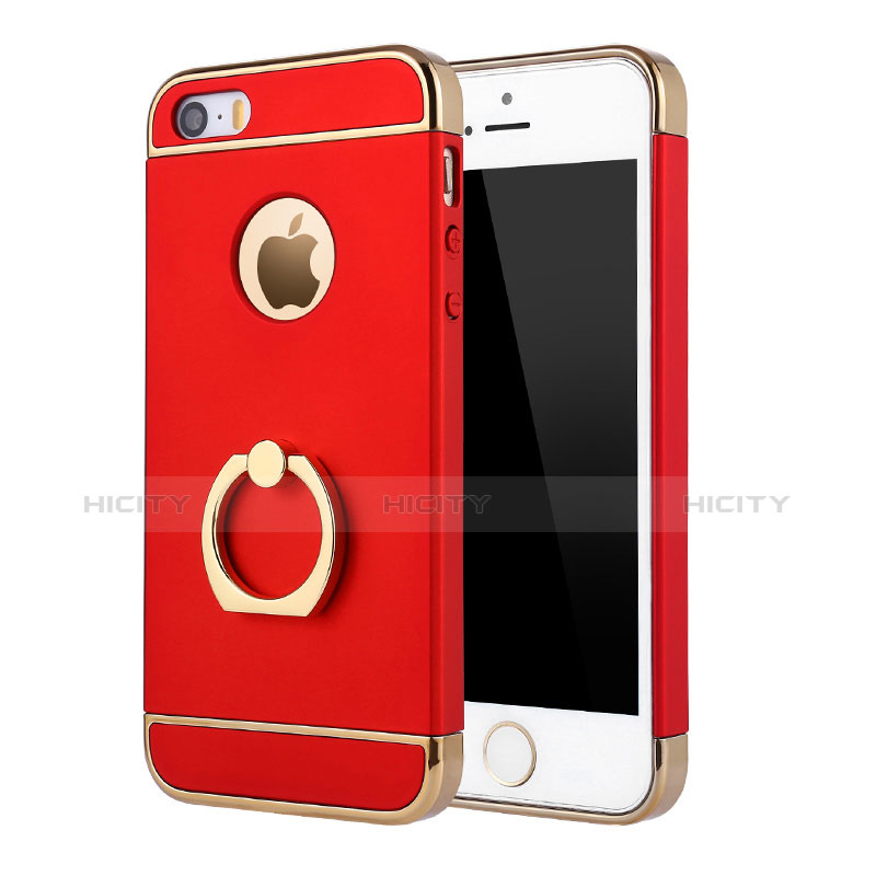 Funda Bumper Lujo Marco de Metal y Plastico Carcasa con Anillo de dedo Soporte A02 para Apple iPhone 5S Rojo