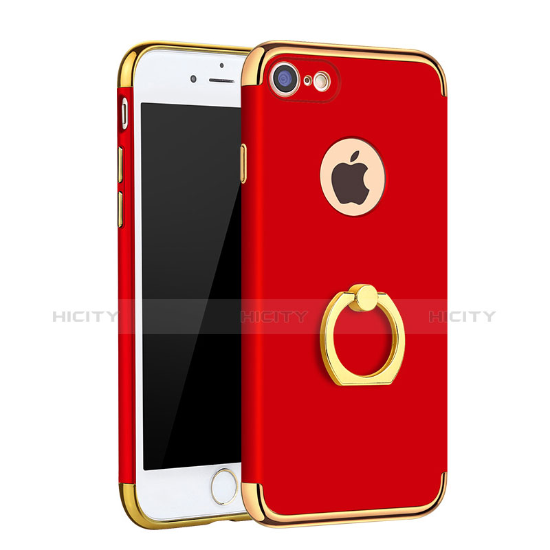 Funda Bumper Lujo Marco de Metal y Plastico Carcasa con Anillo de dedo Soporte A02 para Apple iPhone 7 Rojo