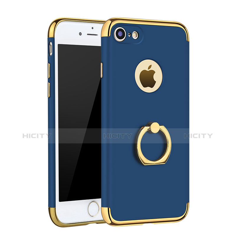 Funda Bumper Lujo Marco de Metal y Plastico Carcasa con Anillo de dedo Soporte A02 para Apple iPhone 8 Azul