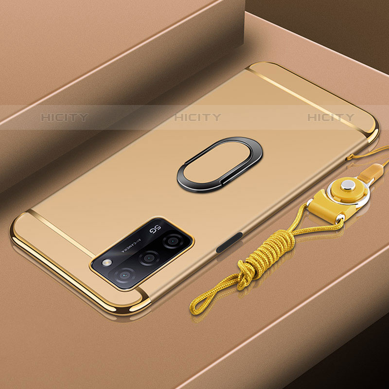 Funda Bumper Lujo Marco de Metal y Plastico Carcasa con Anillo de dedo Soporte P01 para Oppo A53s 5G Oro