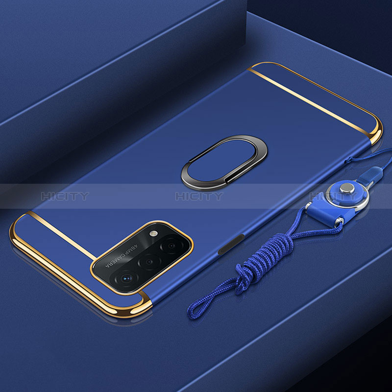 Funda Bumper Lujo Marco de Metal y Plastico Carcasa con Anillo de dedo Soporte P01 para Oppo A54 5G Azul