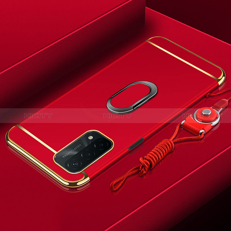 Funda Bumper Lujo Marco de Metal y Plastico Carcasa con Anillo de dedo Soporte P01 para Oppo A54 5G Rojo