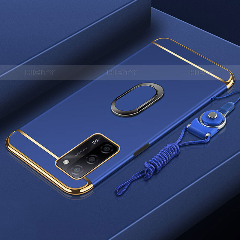 Funda Bumper Lujo Marco de Metal y Plastico Carcasa con Anillo de dedo Soporte P01 para Oppo A55 5G Azul