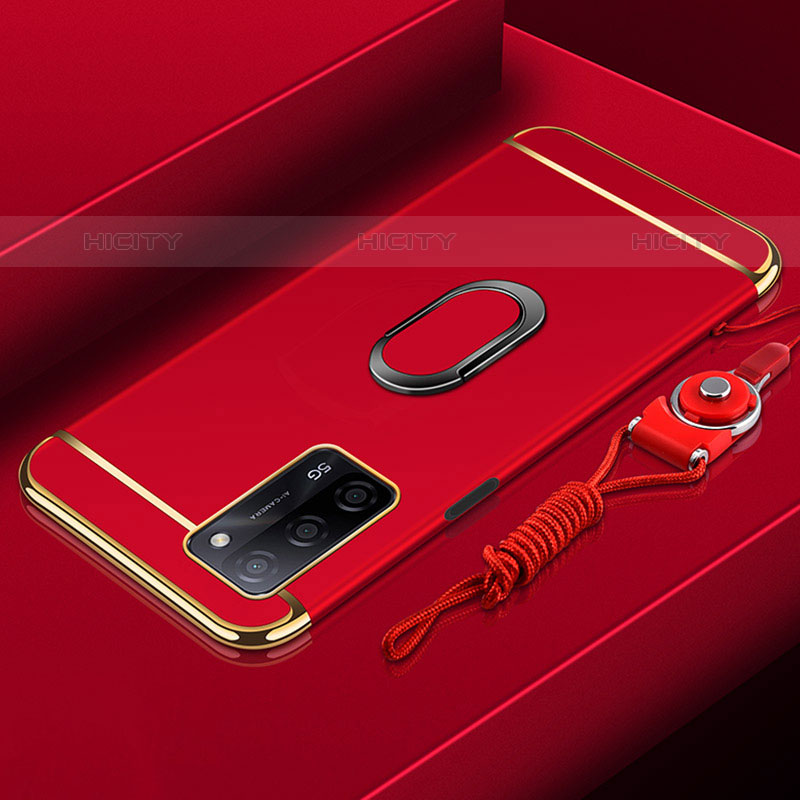 Funda Bumper Lujo Marco de Metal y Plastico Carcasa con Anillo de dedo Soporte P01 para Oppo A55 5G Rojo