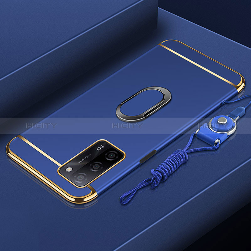 Funda Bumper Lujo Marco de Metal y Plastico Carcasa con Anillo de dedo Soporte P01 para Oppo A56 5G Azul