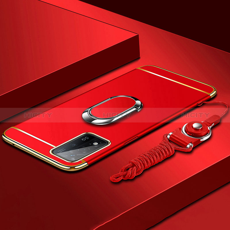 Funda Bumper Lujo Marco de Metal y Plastico Carcasa con Anillo de dedo Soporte P01 para Oppo A93s 5G Rojo