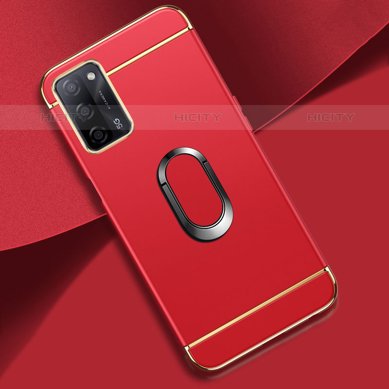 Funda Bumper Lujo Marco de Metal y Plastico Carcasa con Anillo de dedo Soporte P02 para Oppo A55 5G Rojo