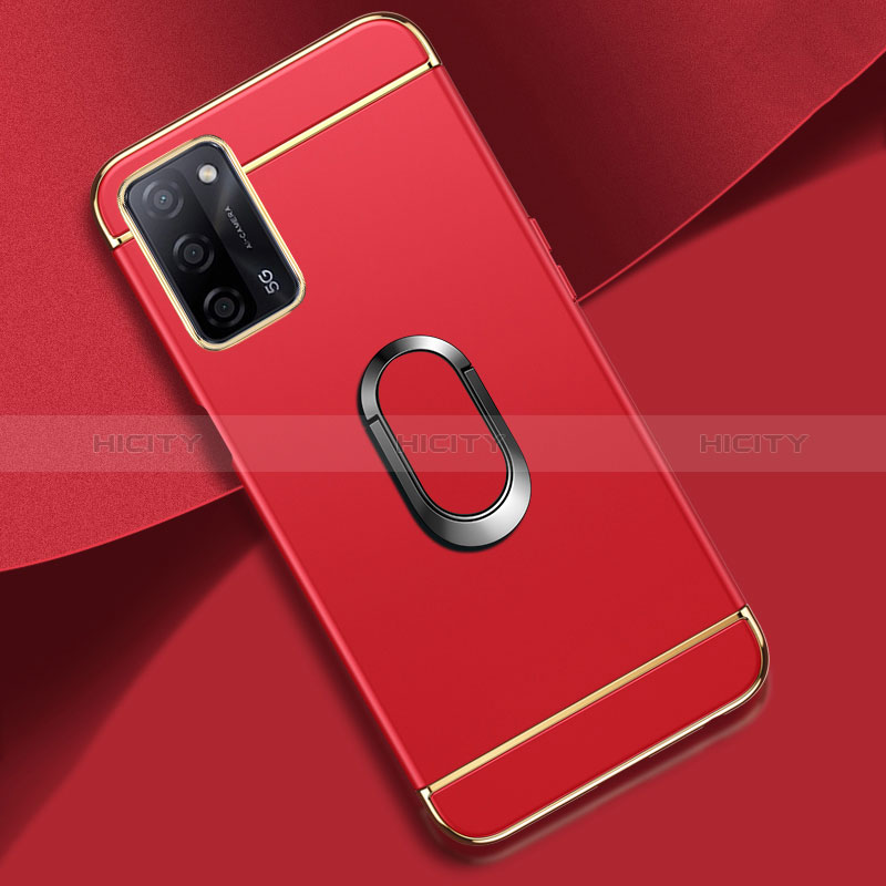 Funda Bumper Lujo Marco de Metal y Plastico Carcasa con Anillo de dedo Soporte P02 para Oppo A56 5G Rojo