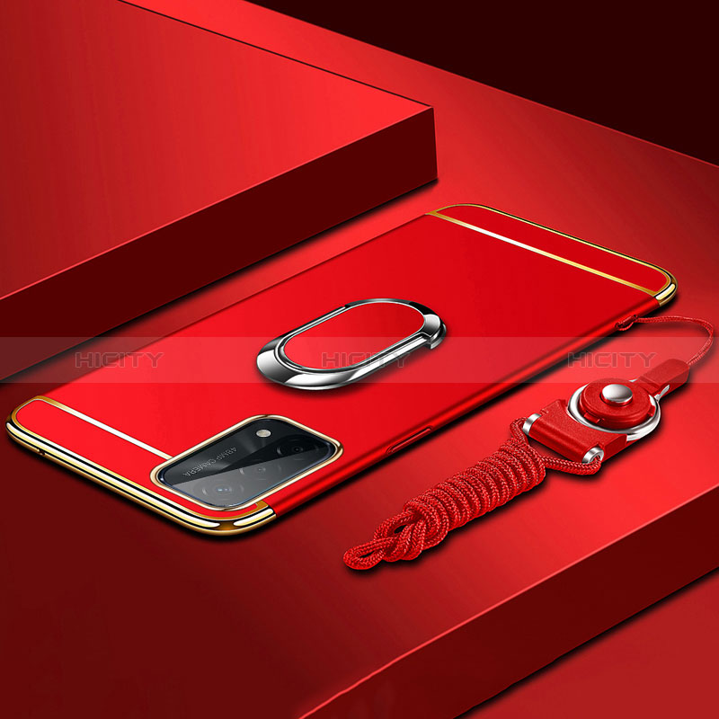 Funda Bumper Lujo Marco de Metal y Plastico Carcasa con Anillo de dedo Soporte P03 para Oppo A54 5G Rojo