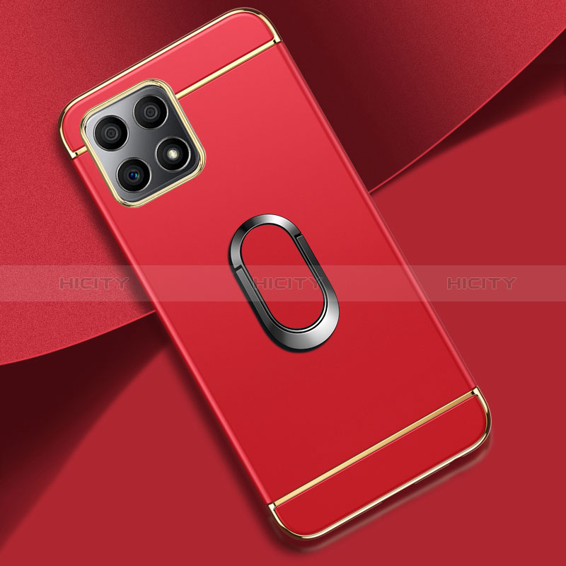 Funda Bumper Lujo Marco de Metal y Plastico Carcasa con Anillo de dedo Soporte para Huawei Honor X30i Rojo