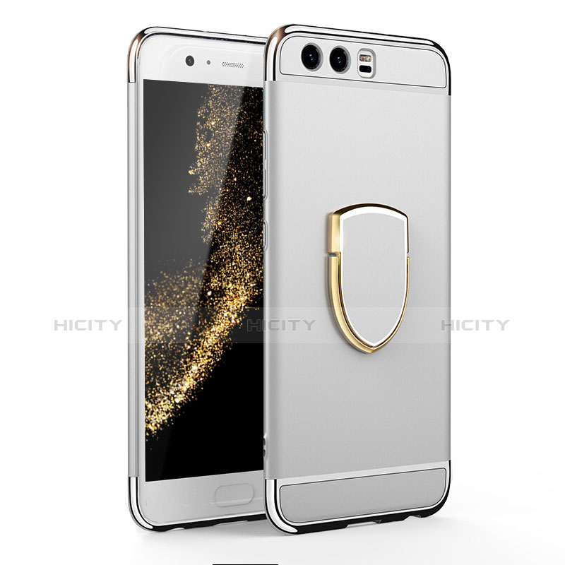 Funda Bumper Lujo Marco de Metal y Plastico Carcasa con Anillo de dedo Soporte para Huawei P10 Plata