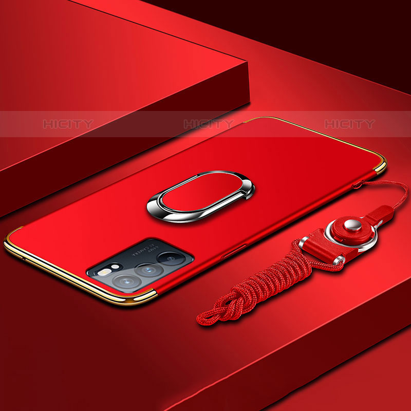 Funda Bumper Lujo Marco de Metal y Plastico Carcasa con Anillo de dedo Soporte para Oppo Reno6 5G Rojo